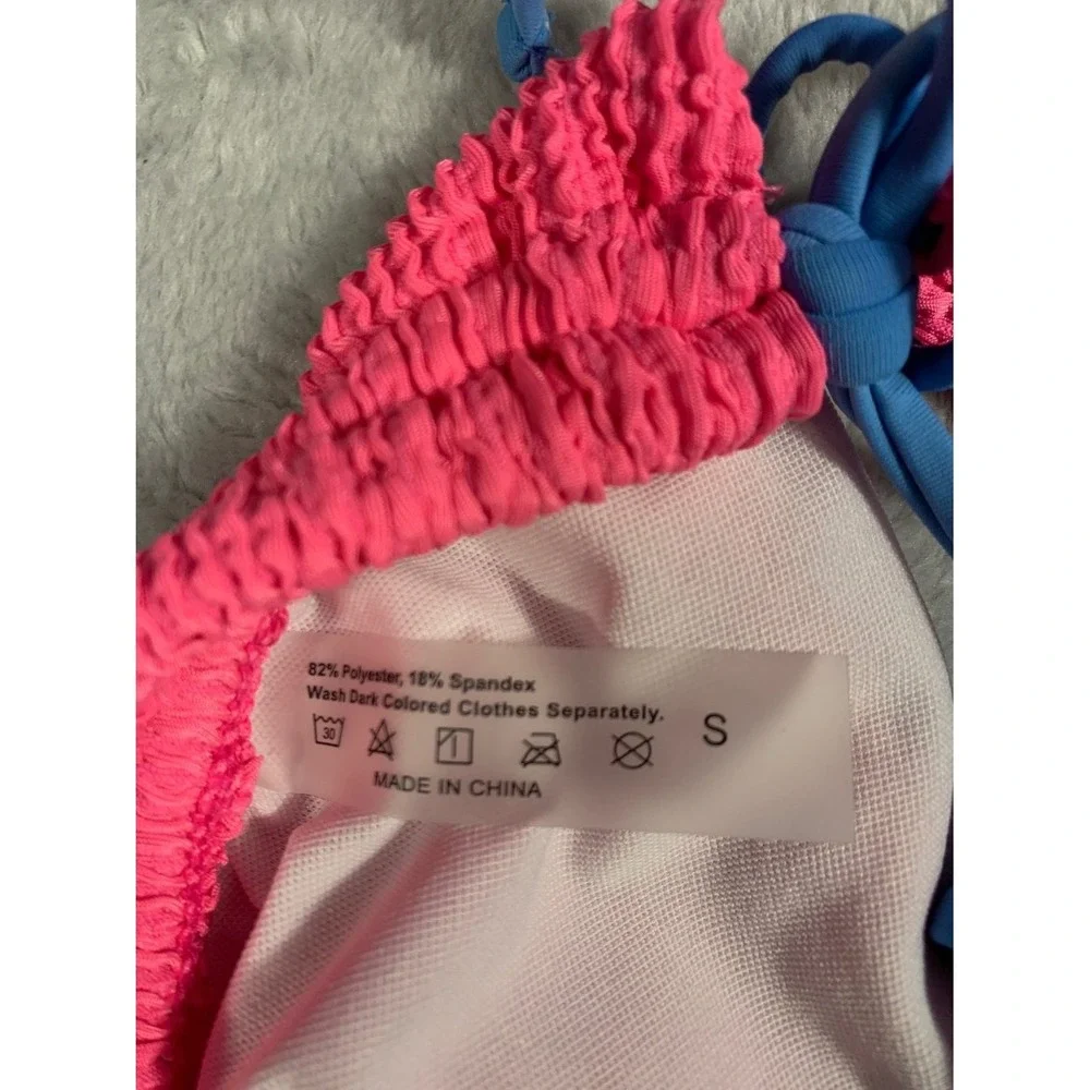 Pink Smocked Popcorn Bikini Set Womens Size S Blue Contrast Straps Swimsuit